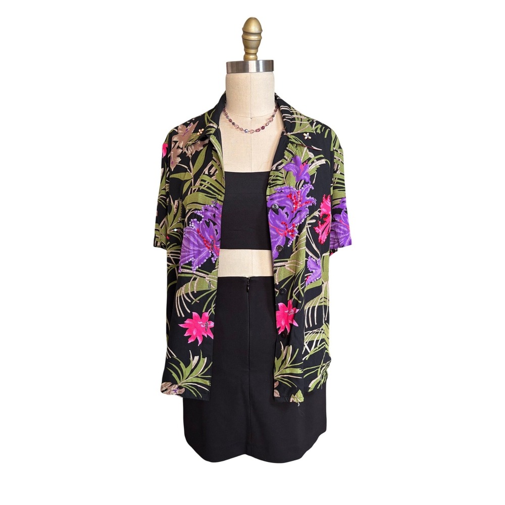 Tropical Floral Sequin Faith Button Down Shirt Large Black
